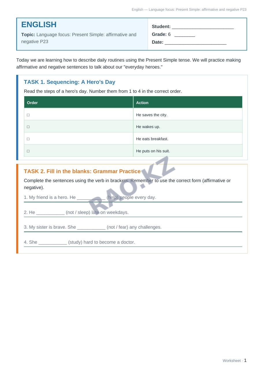 Worksheet English Grade 6 Term 1: Language focus: Present Simple: affirmative and negative P23