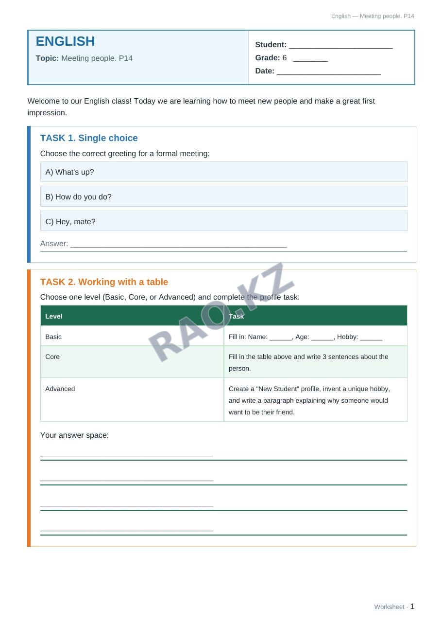 Worksheet English Grade 6 Term 1: Meeting people. P14