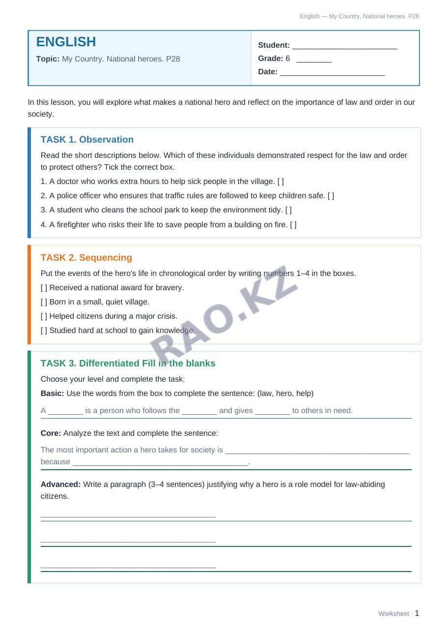Worksheet English Grade 6 Term 1: My Country. National heroes. P28