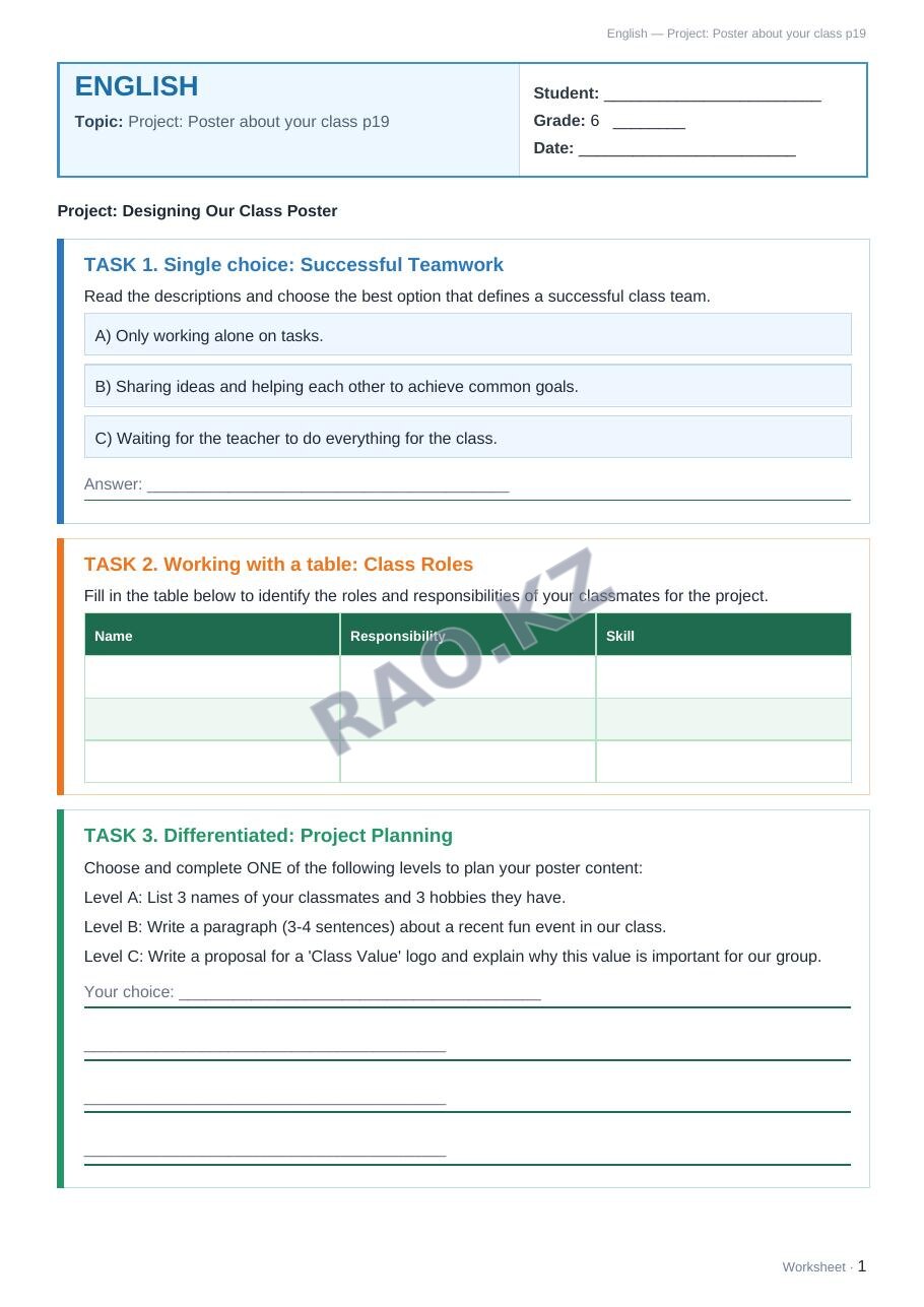 Worksheet English Grade 6 Term 1: Project: Poster about your class p19