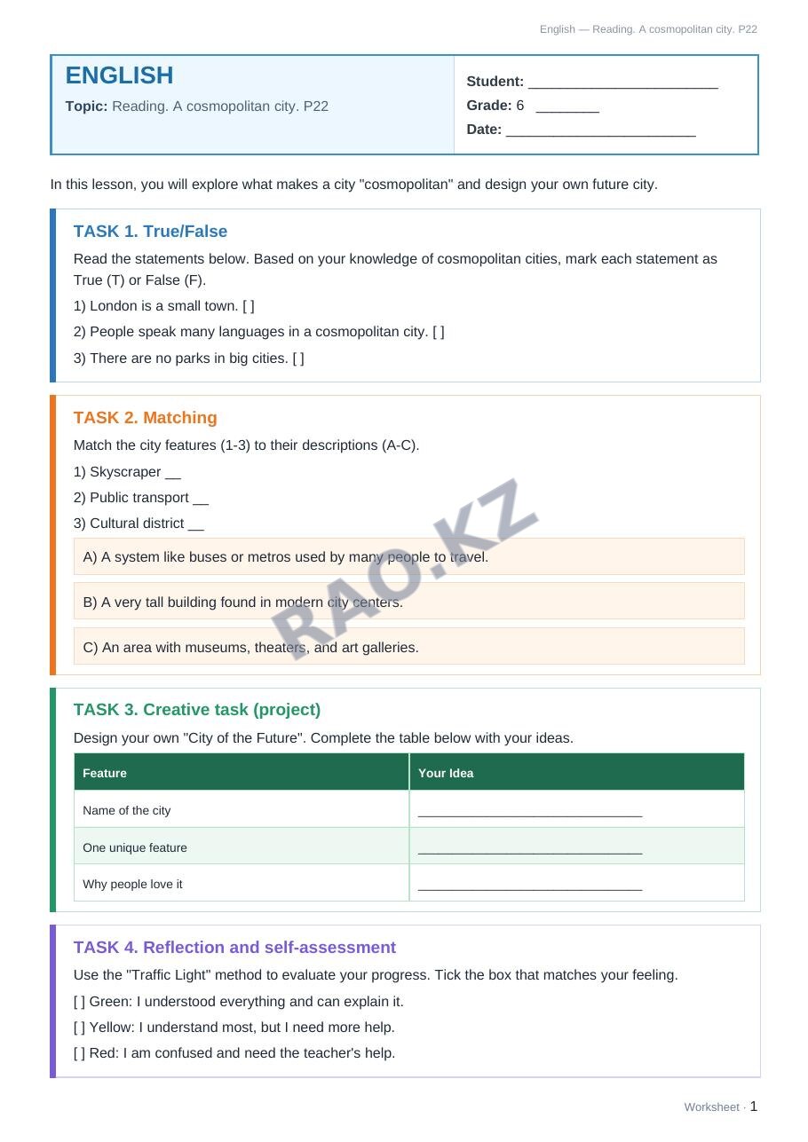 Worksheet English Grade 6 Term 1: Reading. A cosmopolitan city. P22