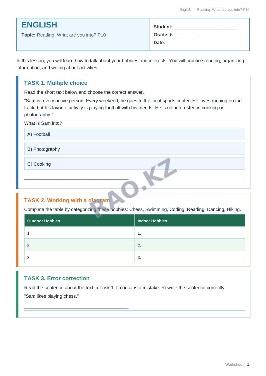 Worksheet English Grade 6 Term 1: Reading. What are you into? P10