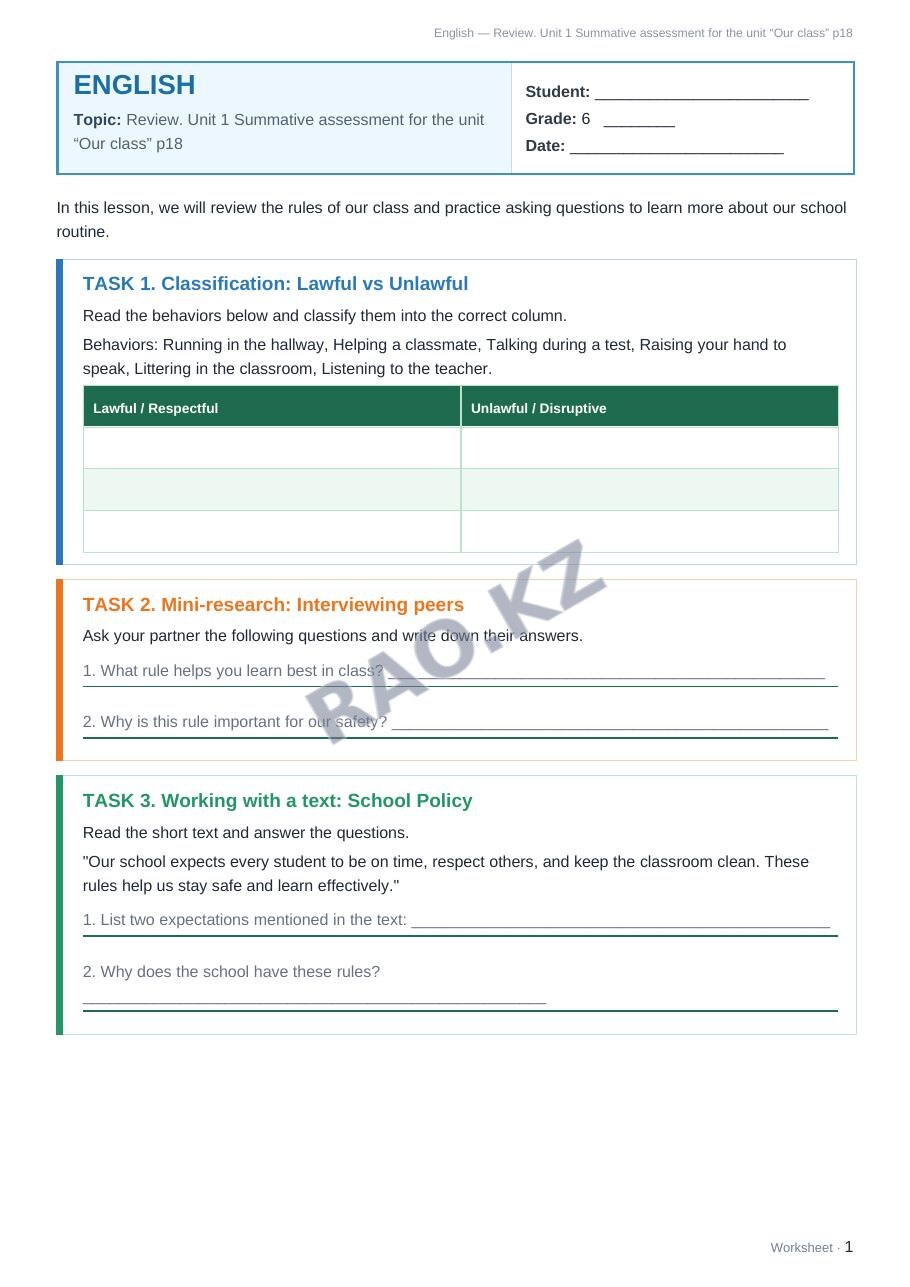 Worksheet English Grade 6 Term 1: Review. Unit 1 Summative assessment for the unit “Our class” p18