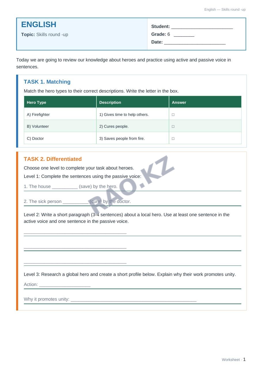 Worksheet English Grade 6 Term 1: Skills round -up