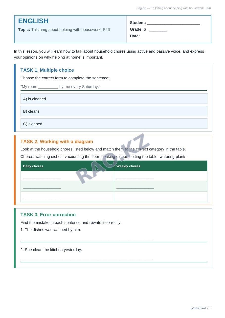 Worksheet English Grade 6 Term 1: Talkinmg about helping with housework. P26
