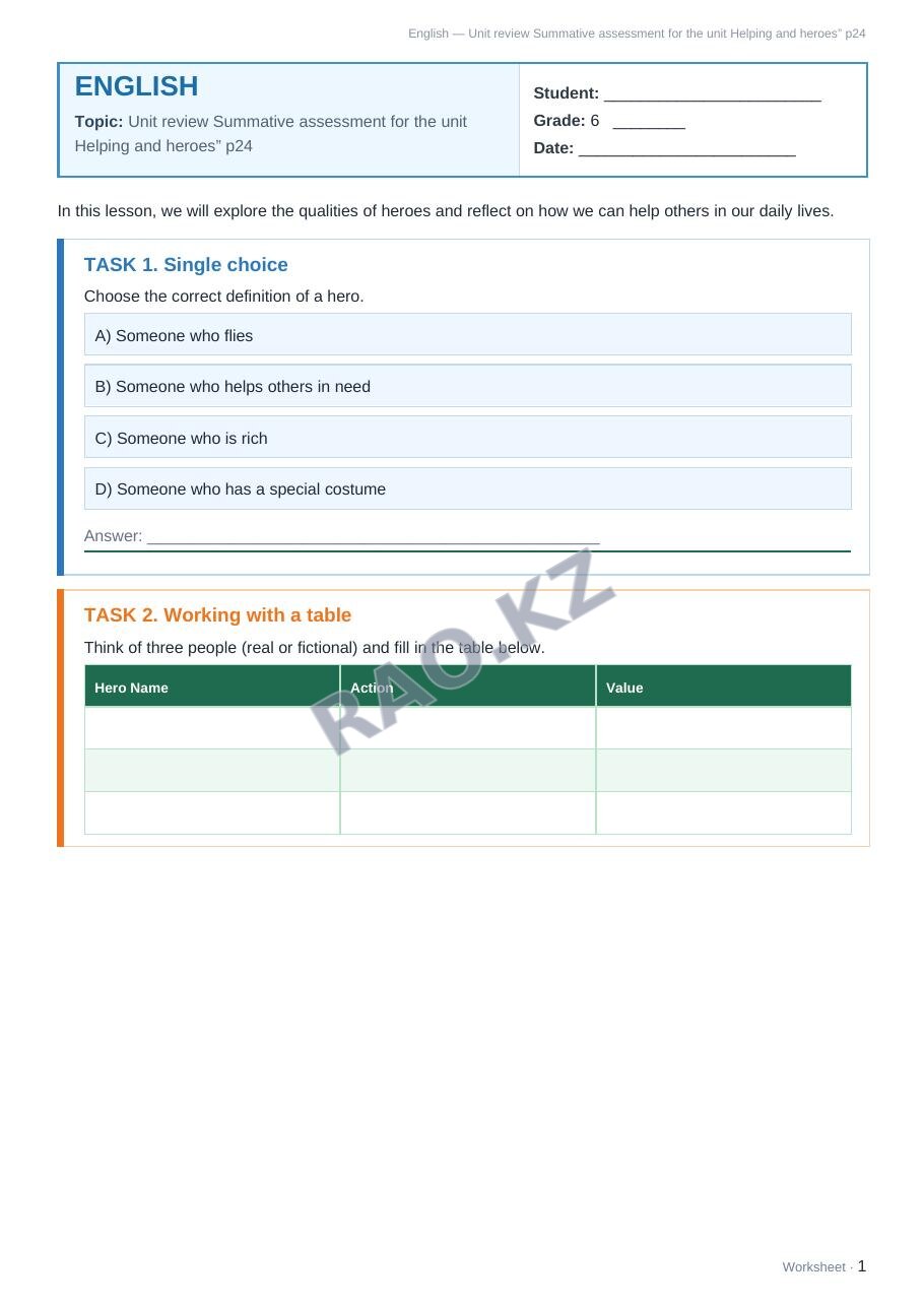 Worksheet English Grade 6 Term 1: Unit review Summative assessment for the unit Helping and heroes” p24