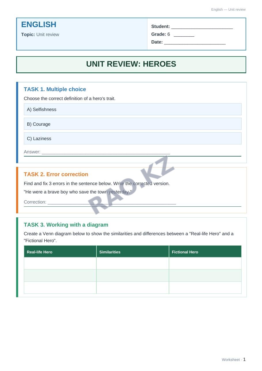Worksheet English Grade 6 Term 1: Unit review