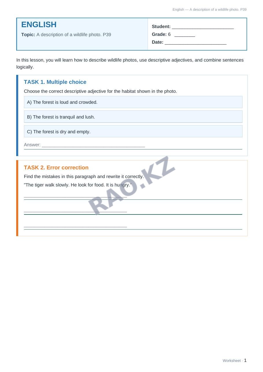 Worksheet English Grade 6 Term 2: A description of a wildlife photo. P39