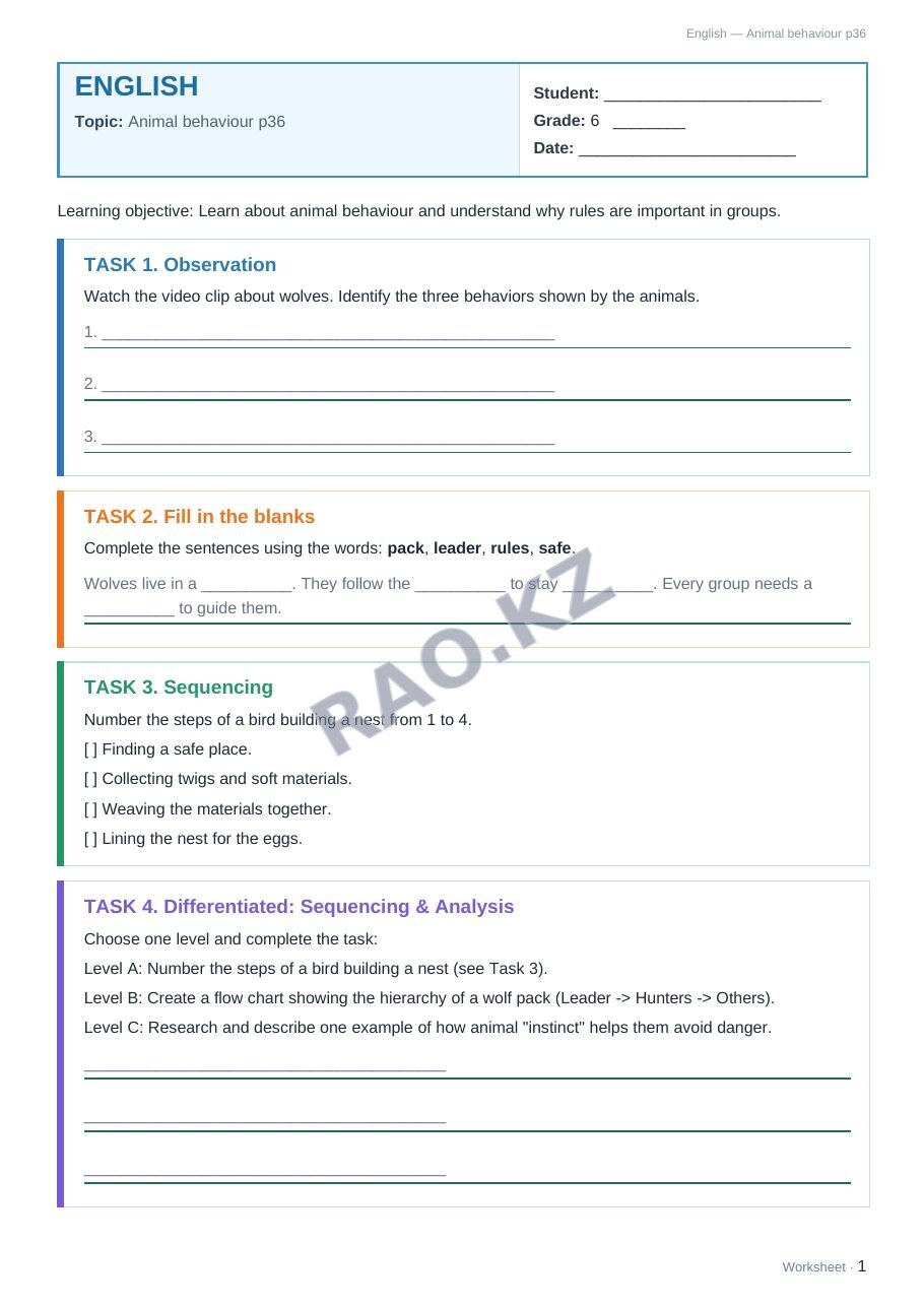 Worksheet English Grade 6 Term 2: Animal behaviour p36