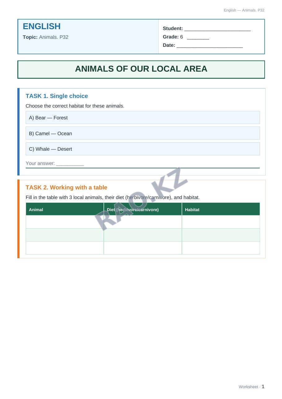 Worksheet English Grade 6 Term 2: Animals. P32