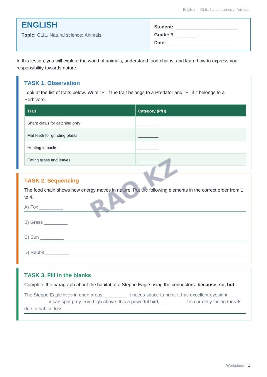 Worksheet English Grade 6 Term 2: CLIL. Natural science: Animals.
