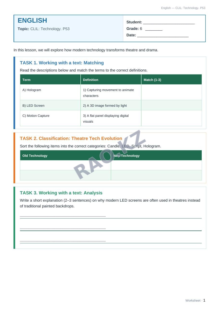 Worksheet English Grade 6 Term 2: CLIL: Technology. P53
