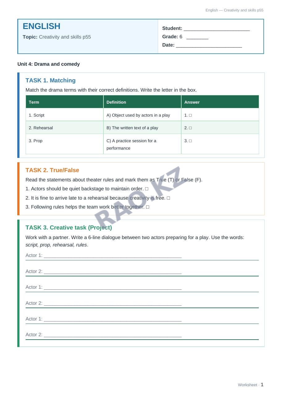 Worksheet English Grade 6 Term 2: Creativity and skills p55