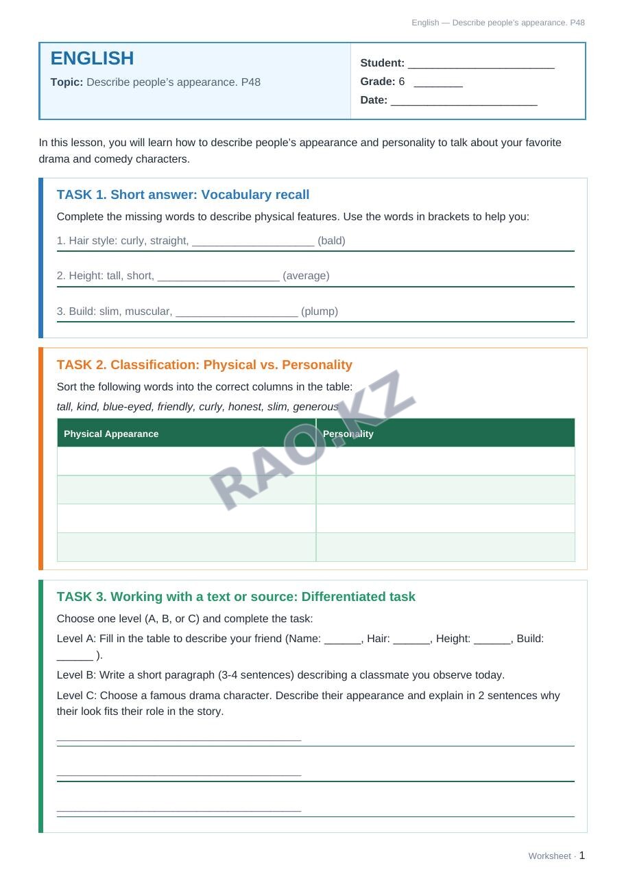 Worksheet English Grade 6 Term 2: Describe people’s appearance. P48