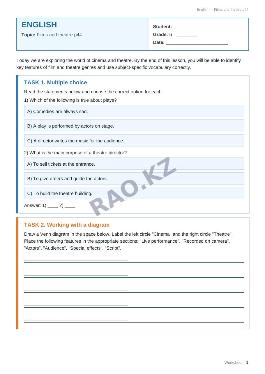 Worksheet English Grade 6 Term 2: Films and theatre p44