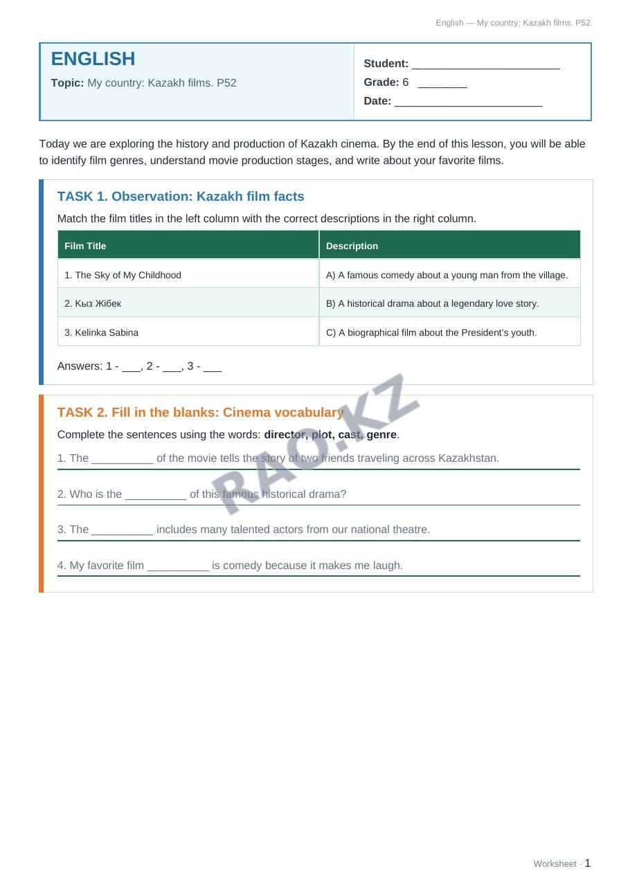 Worksheet English Grade 6 Term 2: My country: Kazakh films. P52