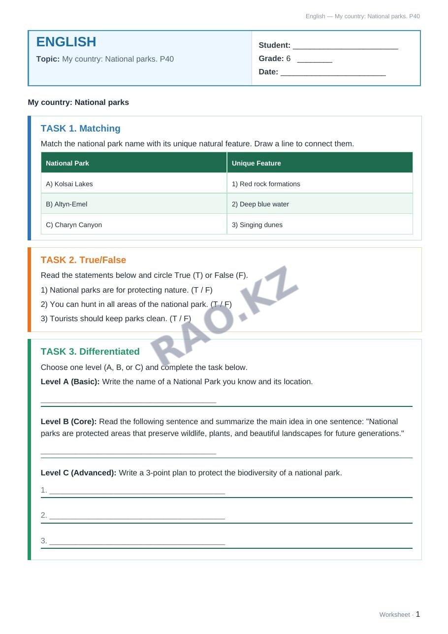 Worksheet English Grade 6 Term 2: My country: National parks. P40