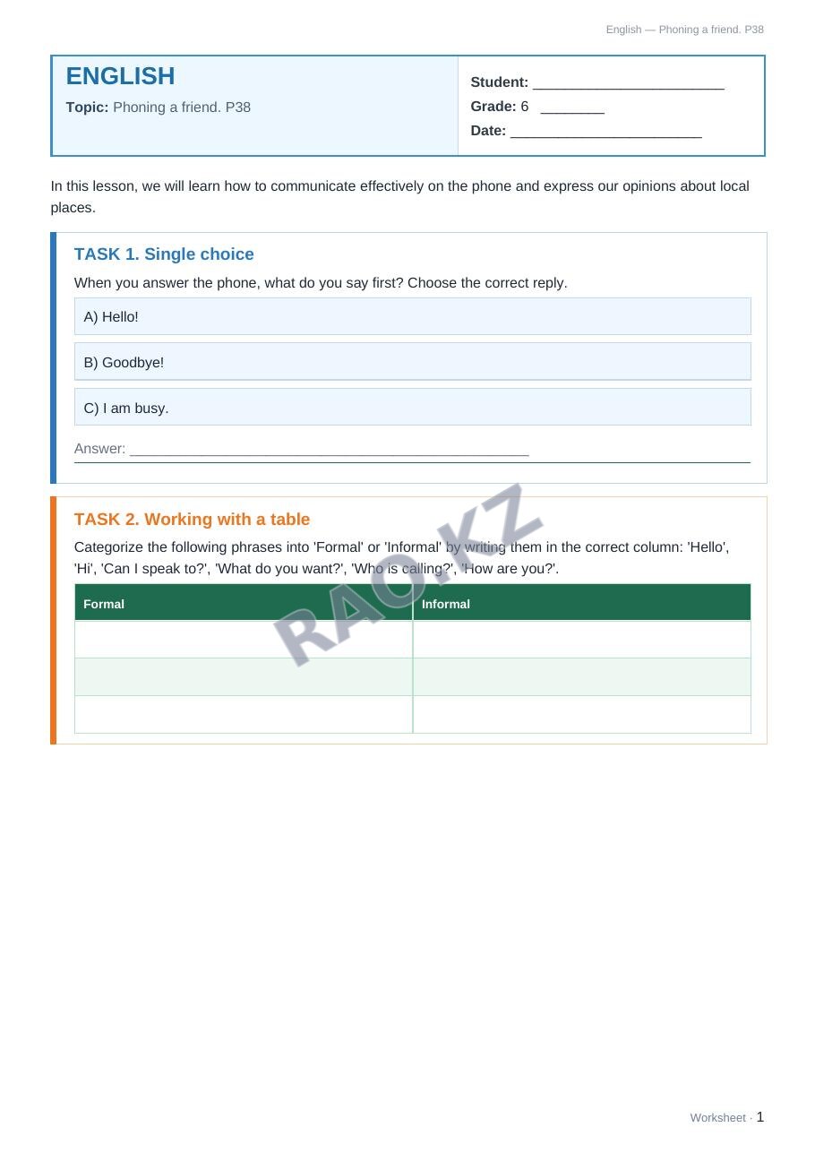 Worksheet English Grade 6 Term 2: Phoning a friend. P38