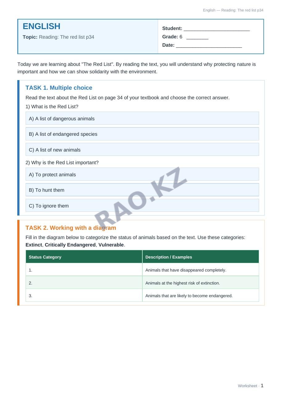 Worksheet English Grade 6 Term 2: Reading: The red list p34
