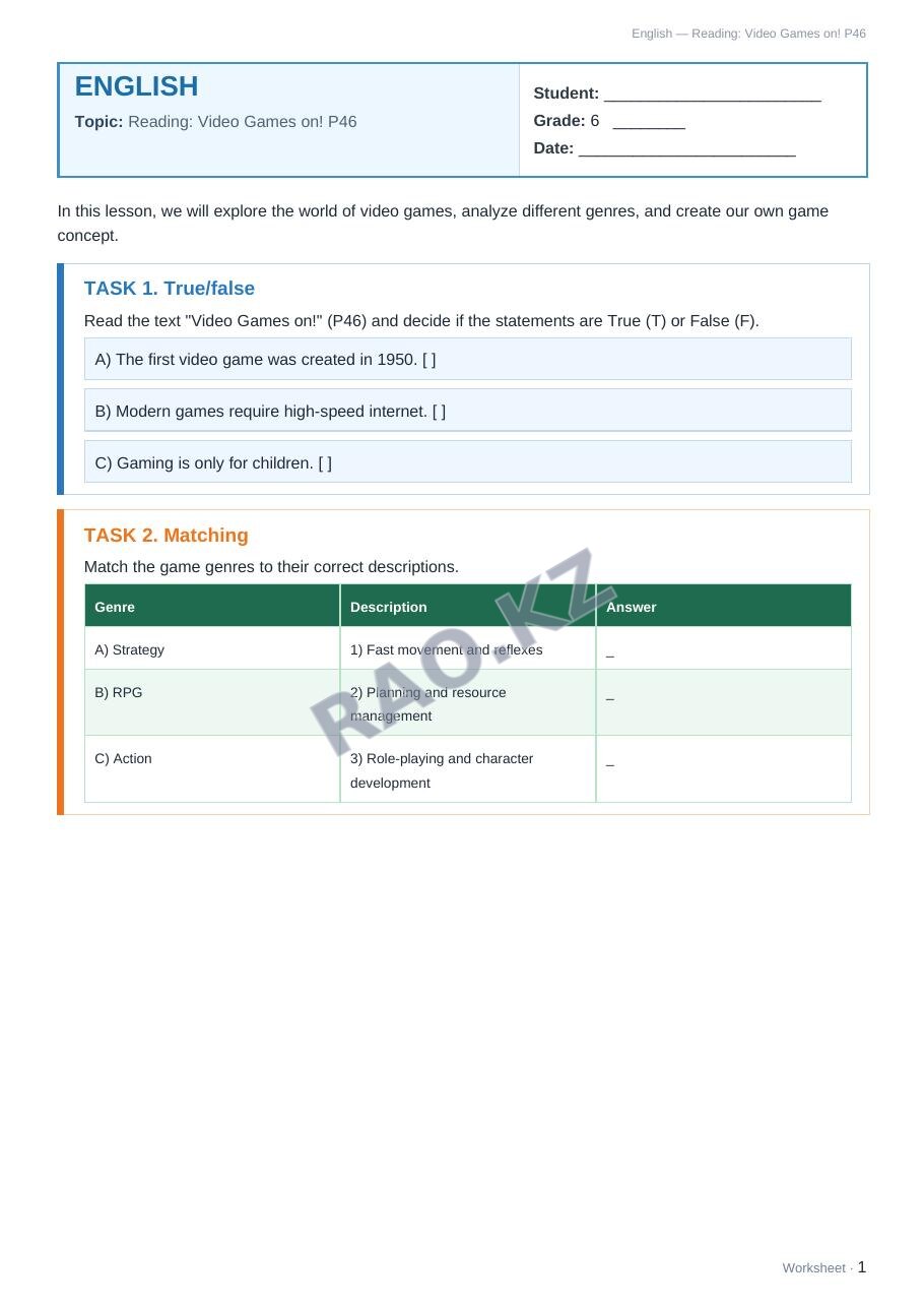 Worksheet English Grade 6 Term 2: Reading: Video Games on! P46