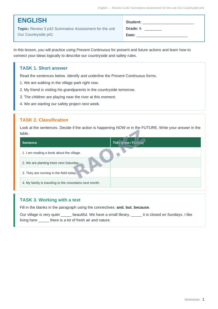 Worksheet English Grade 6 Term 2: Review 3 p42 Summative Assessment for the unit Our Countryside p41