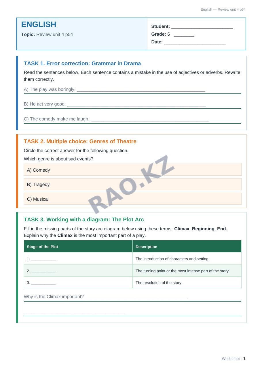 Worksheet English Grade 6 Term 2: Review unit 4 p54 (lesson 3)
