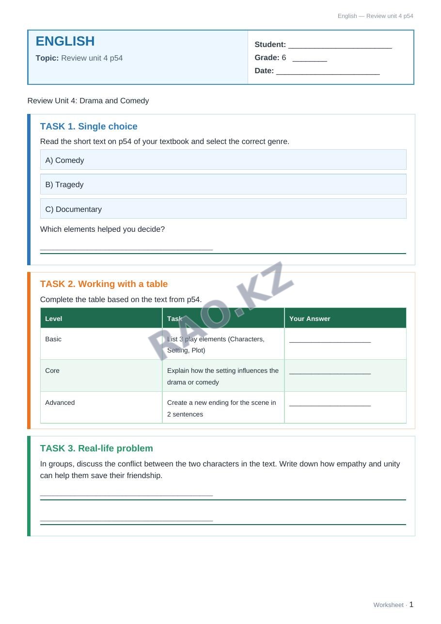 Worksheet English Grade 6 Term 2: Review unit 4 p54