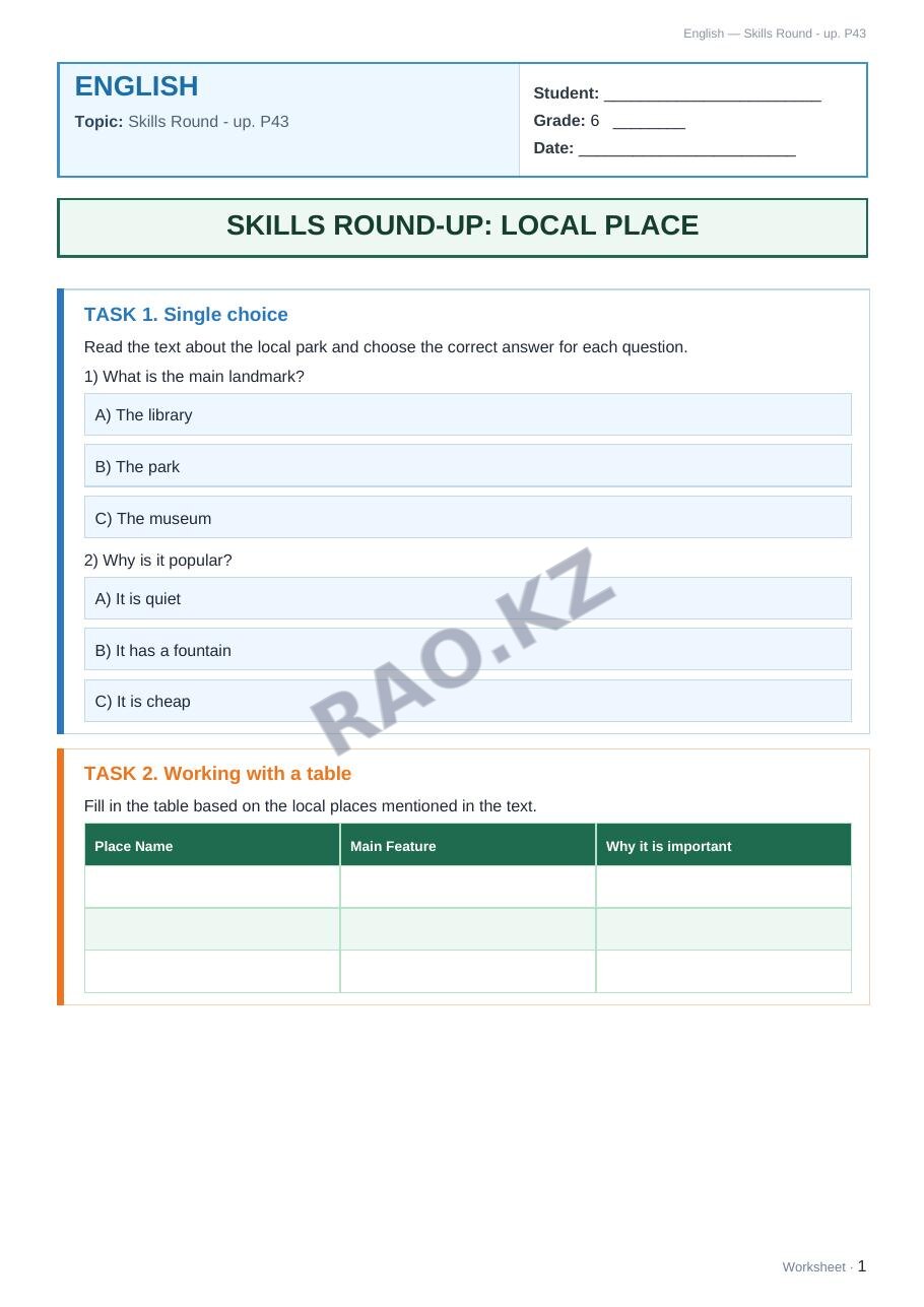 Worksheet English Grade 6 Term 2: Skills Round - up. P43