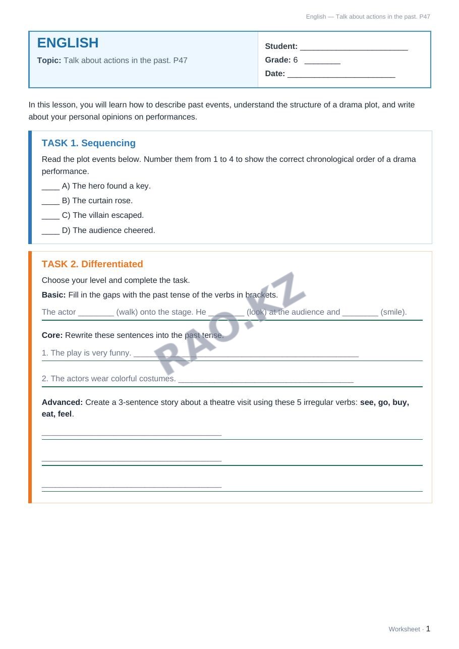 Worksheet English Grade 6 Term 2: Talk about actions in the past. P47