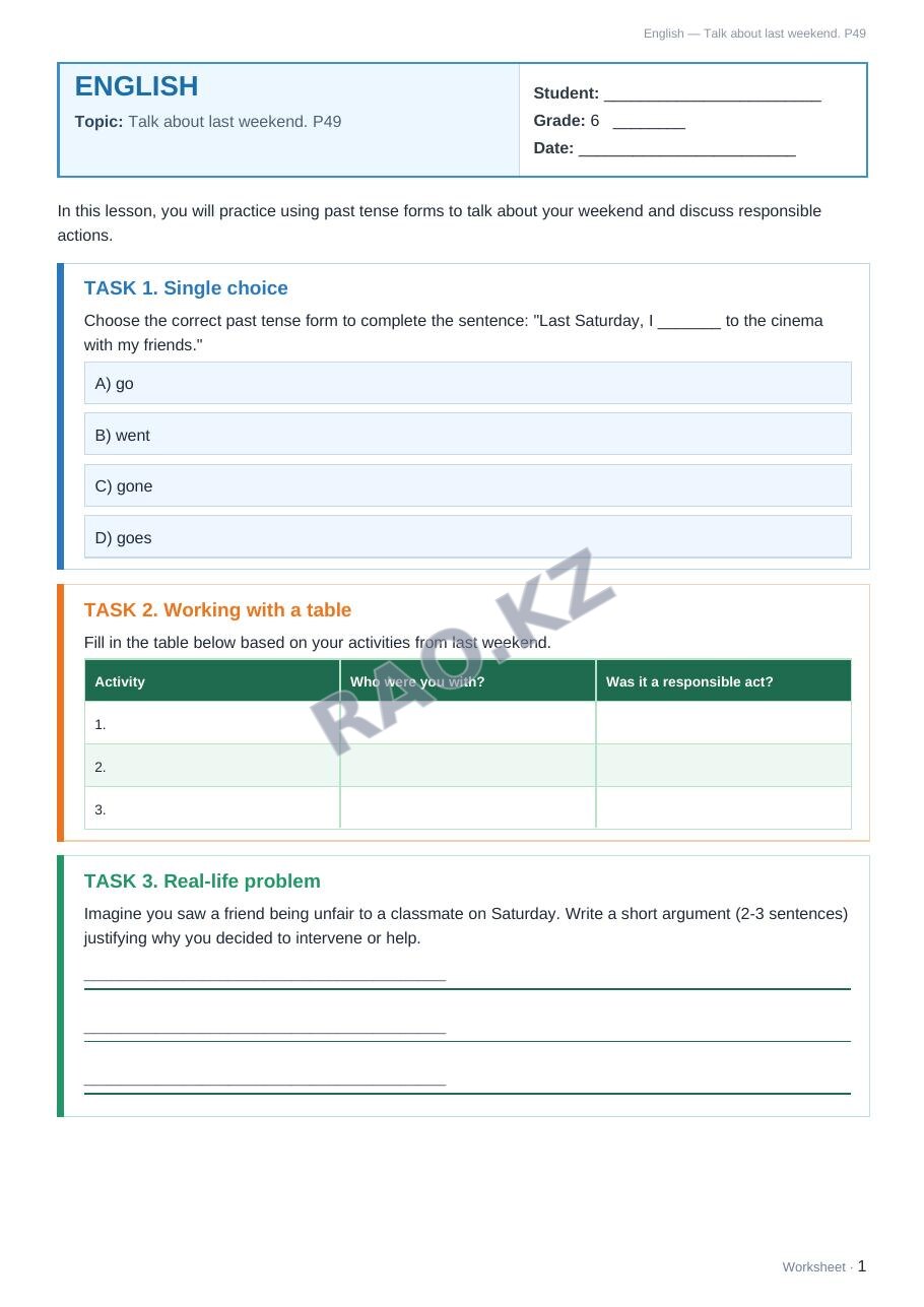 Worksheet English Grade 6 Term 2: Talk about last weekend. P49