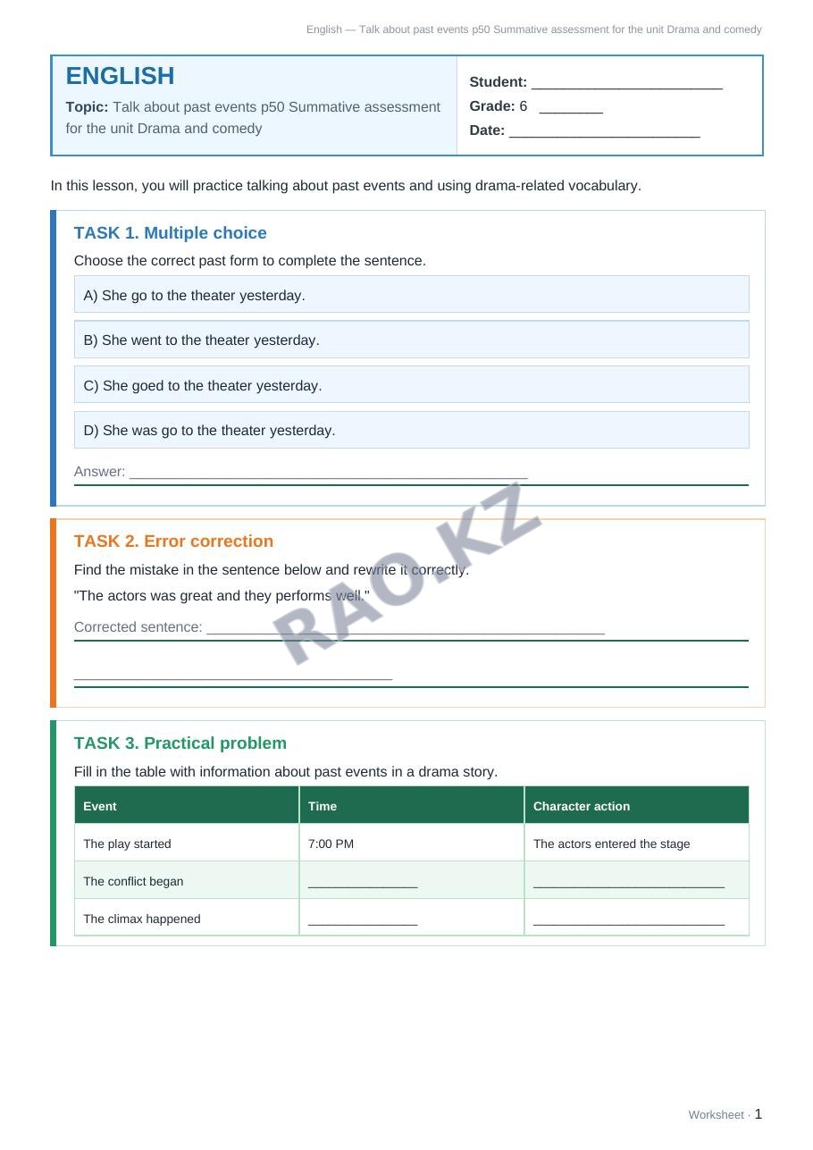 Worksheet English Grade 6 Term 2: Talk about past events p50 Summative assessment for the unit Drama and comedy