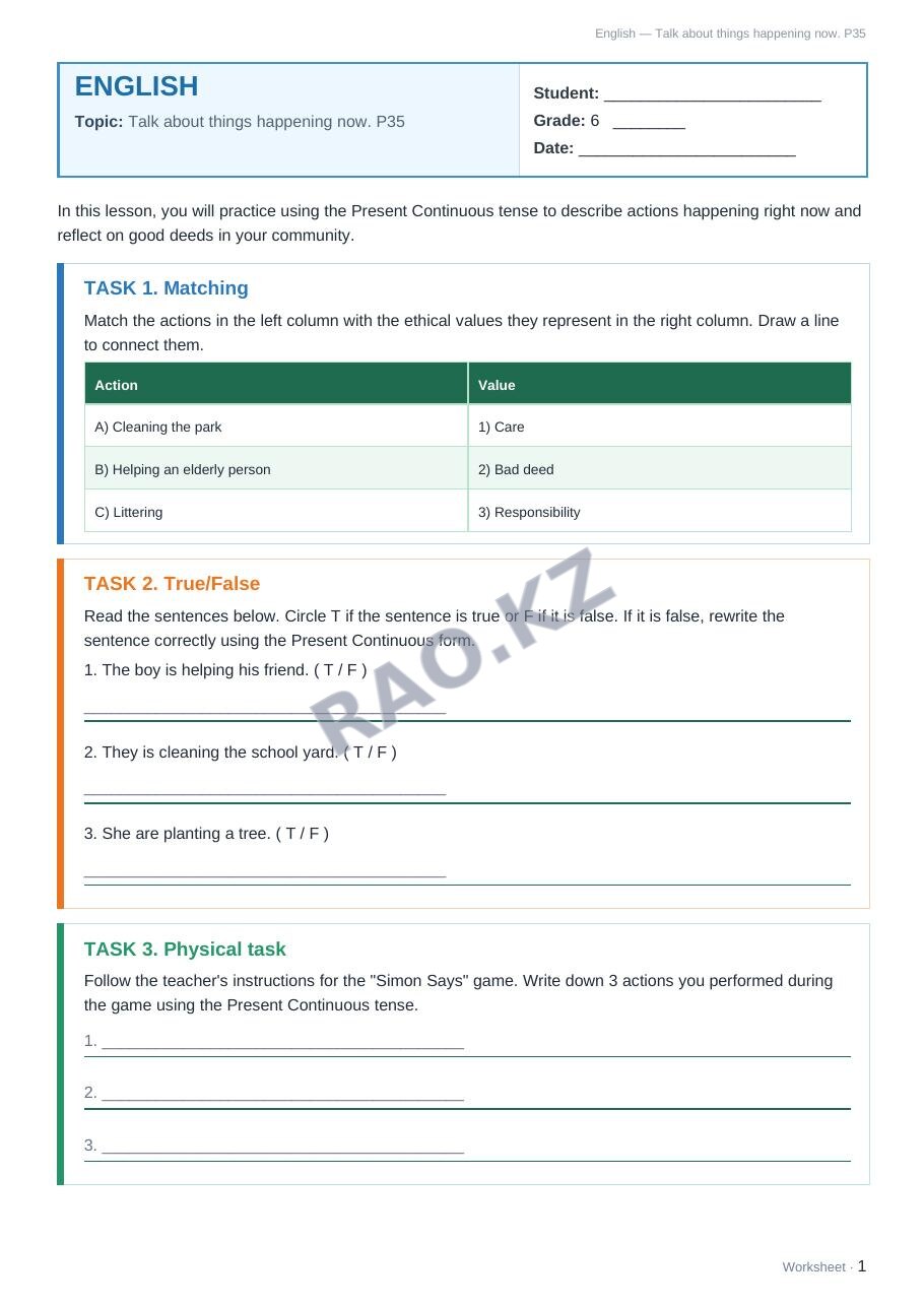 Worksheet English Grade 6 Term 2: Talk about things happening now. P35