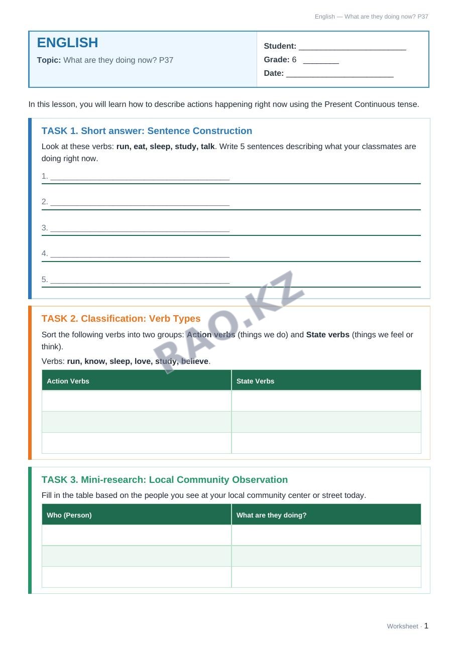 Worksheet English Grade 6 Term 2: What are they doing now? P37