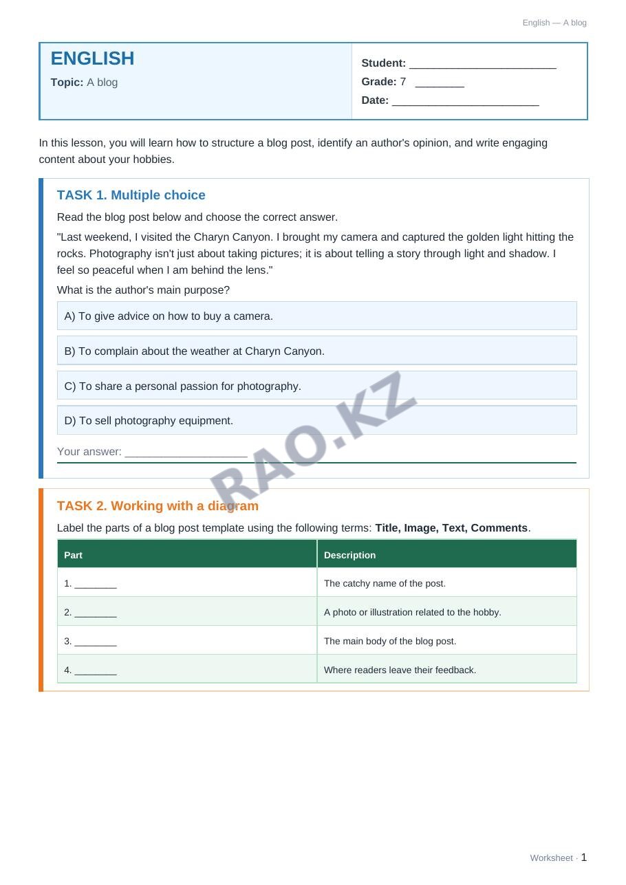 Worksheet English Grade 7 Term 1: A blog