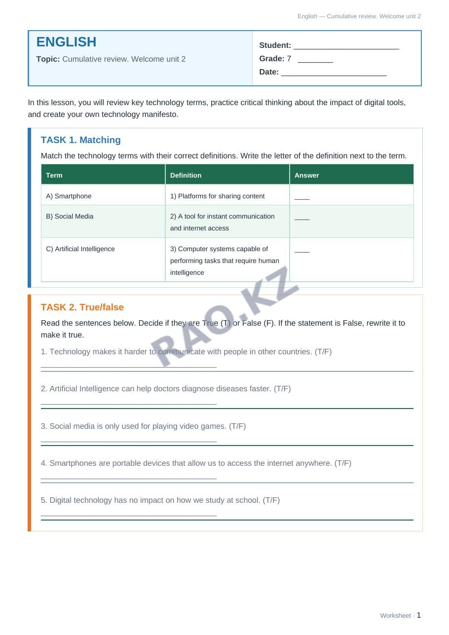 Worksheet English Grade 7 Term 1: Cumulative review. Welcome unit 2