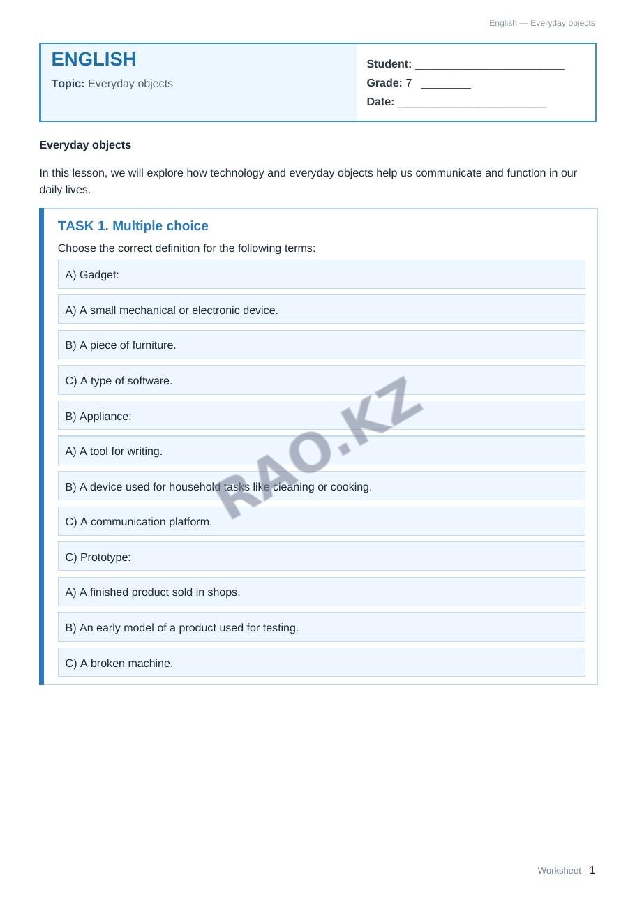 Worksheet English Grade 7 Term 1: Everyday objects