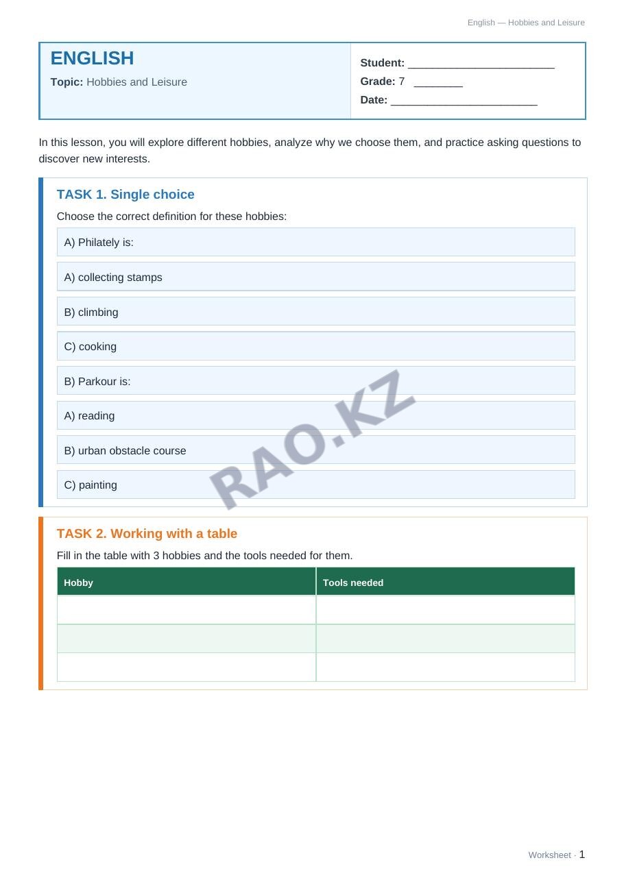 Worksheet English Grade 7 Term 1: Hobbies and Leisure