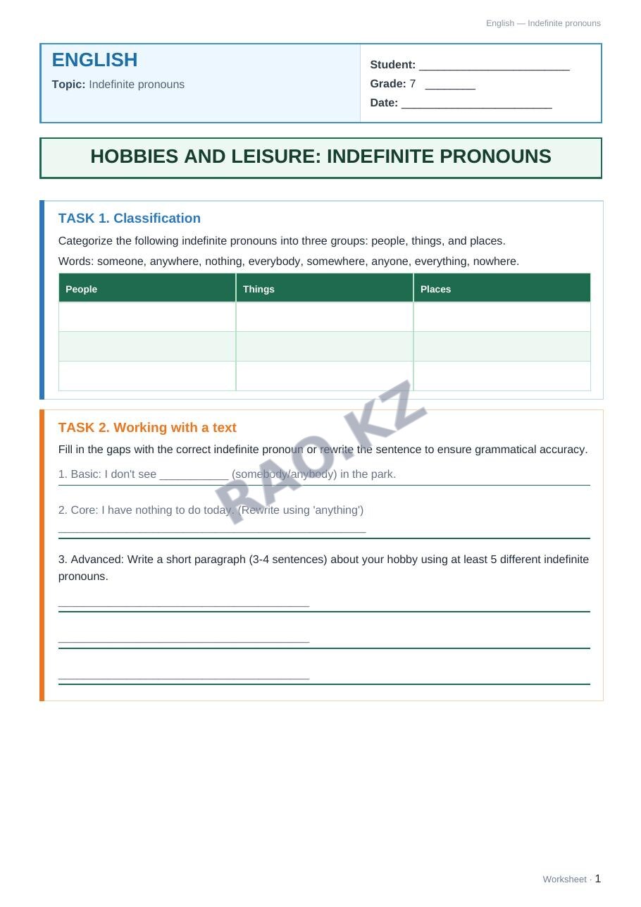 Worksheet English Grade 7 Term 1: Indefinite pronouns