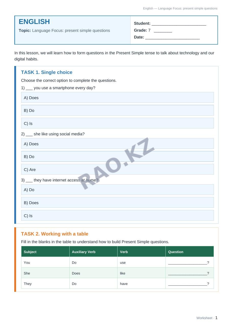 Worksheet English Grade 7 Term 1: Language Focus: present simple questions