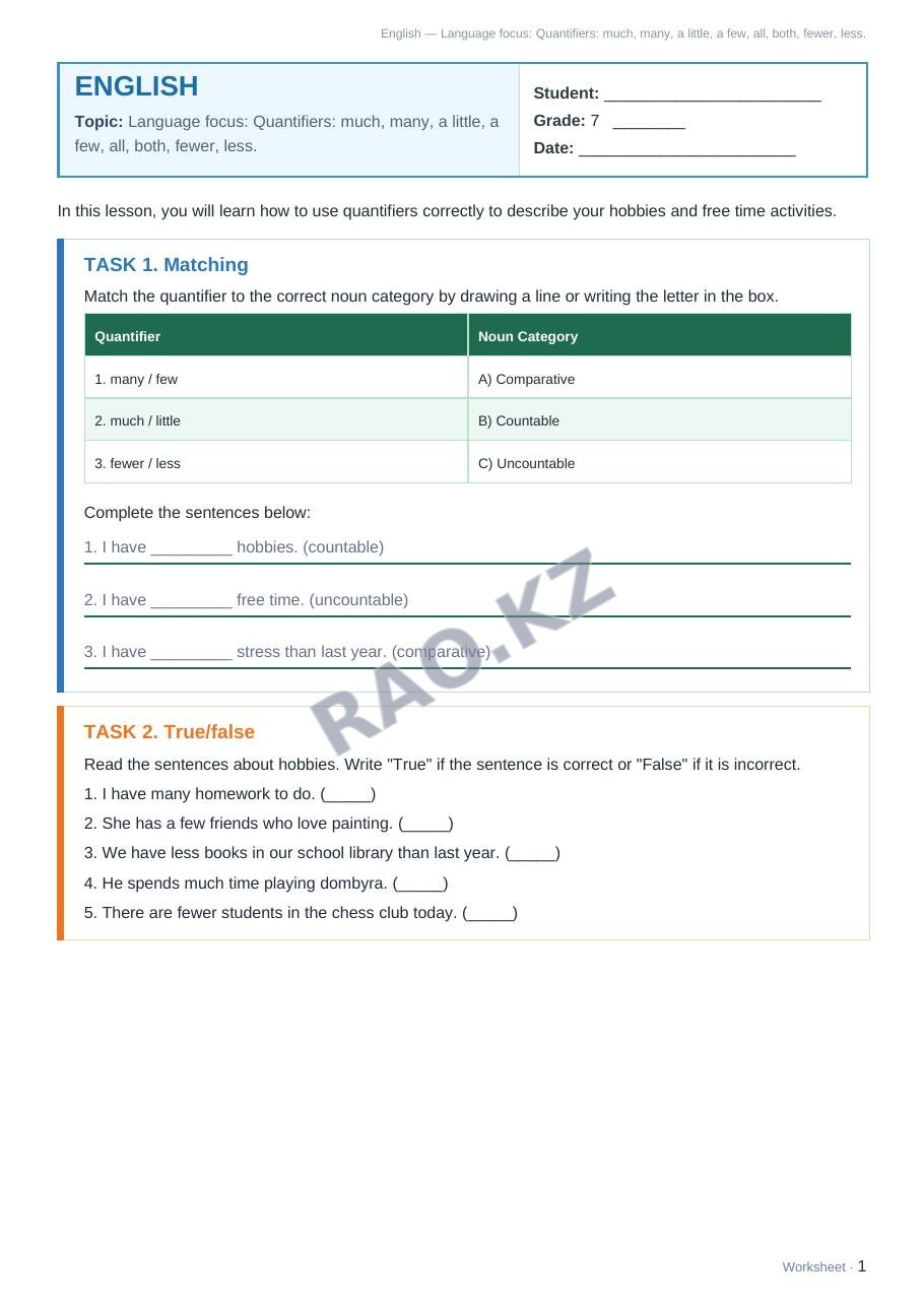 Worksheet English Grade 7 Term 1: Language focus: Quantifiers: much, many, a little, a few, all, both, fewer, less.