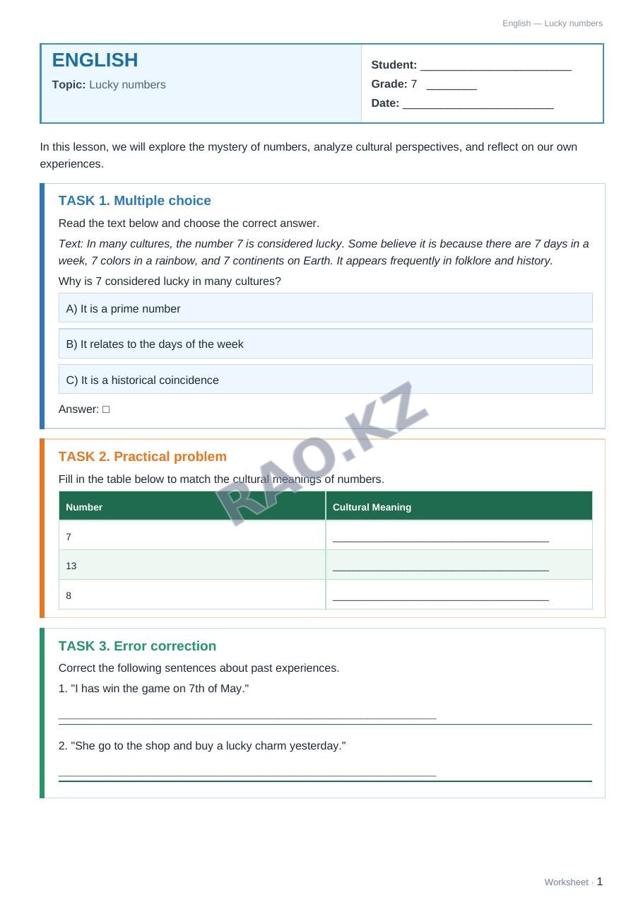 Worksheet English Grade 7 Term 1: Lucky numbers
