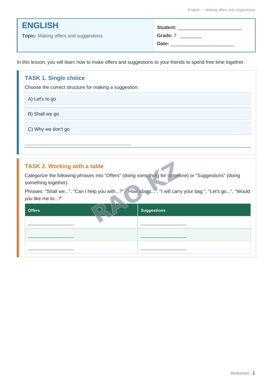 Worksheet English Grade 7 Term 1: Making offers and suggestions