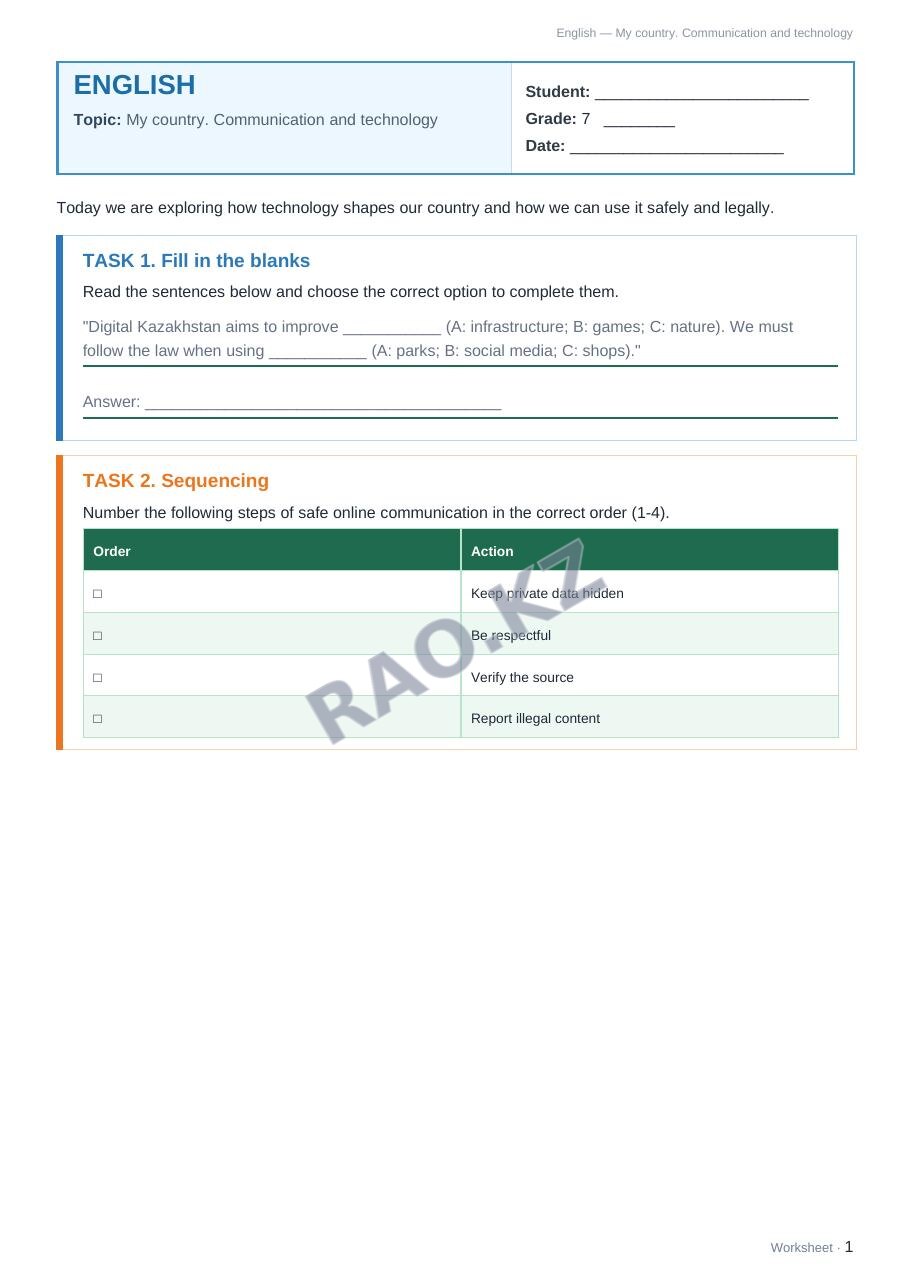 Worksheet English Grade 7 Term 1: My country. Communication and technology