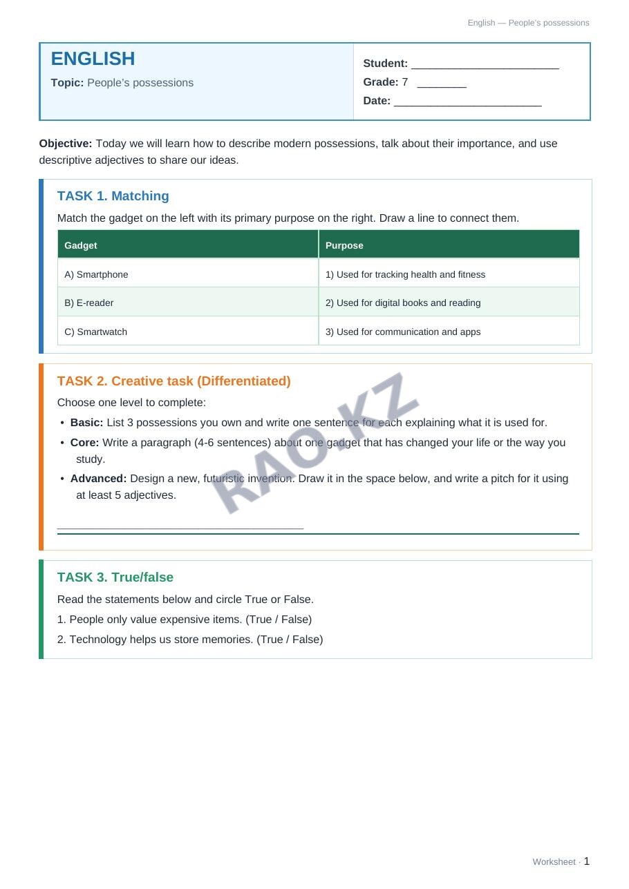 Worksheet English Grade 7 Term 1: People’s possessions