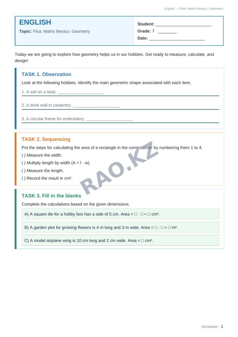Worksheet English Grade 7 Term 1: Pisa: Maths literacy: Geometry