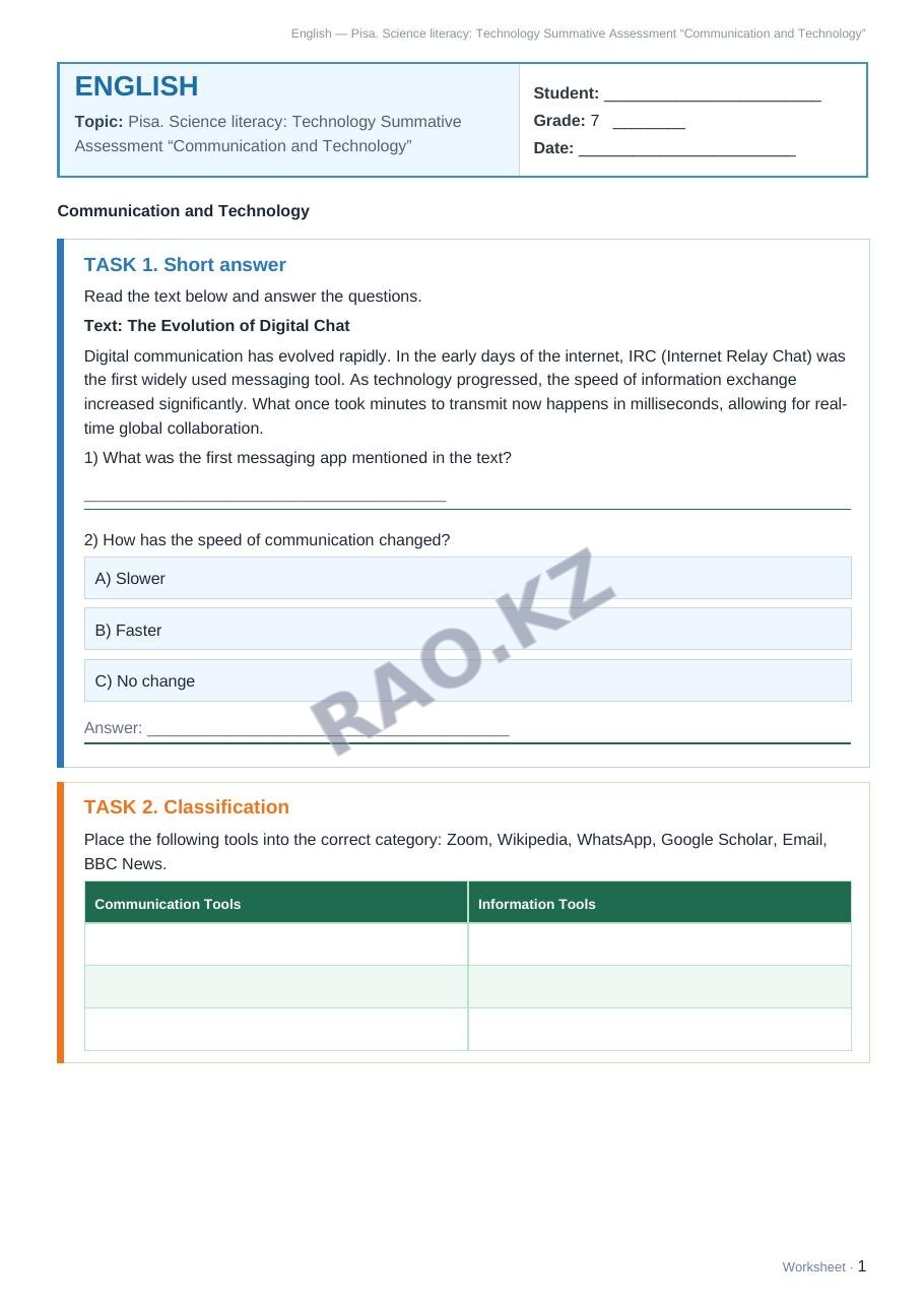 Worksheet English Grade 7 Term 1: Pisa. Science literacy: Technology Summative Assessment “Communication and Technology”