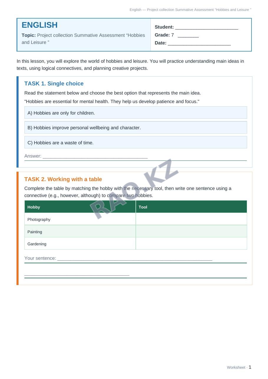 Worksheet English Grade 7 Term 1: Project collection Summative Assessment “Hobbies and Leisure ”