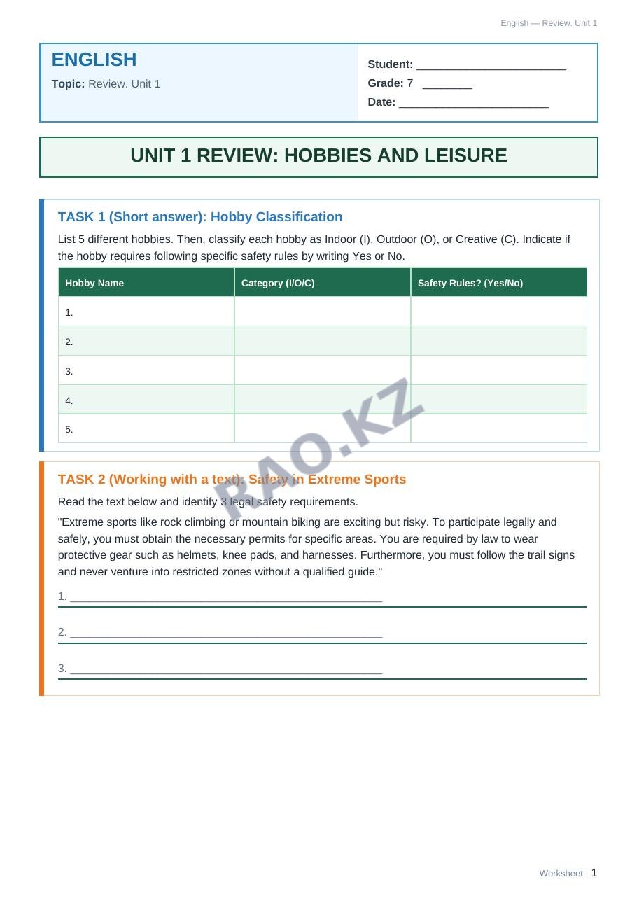Worksheet English Grade 7 Term 1: Review. Unit 1