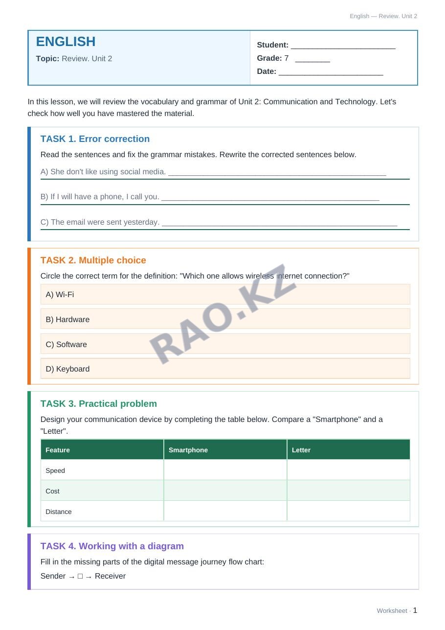 Worksheet English Grade 7 Term 1: Review. Unit 2 (lesson 3)