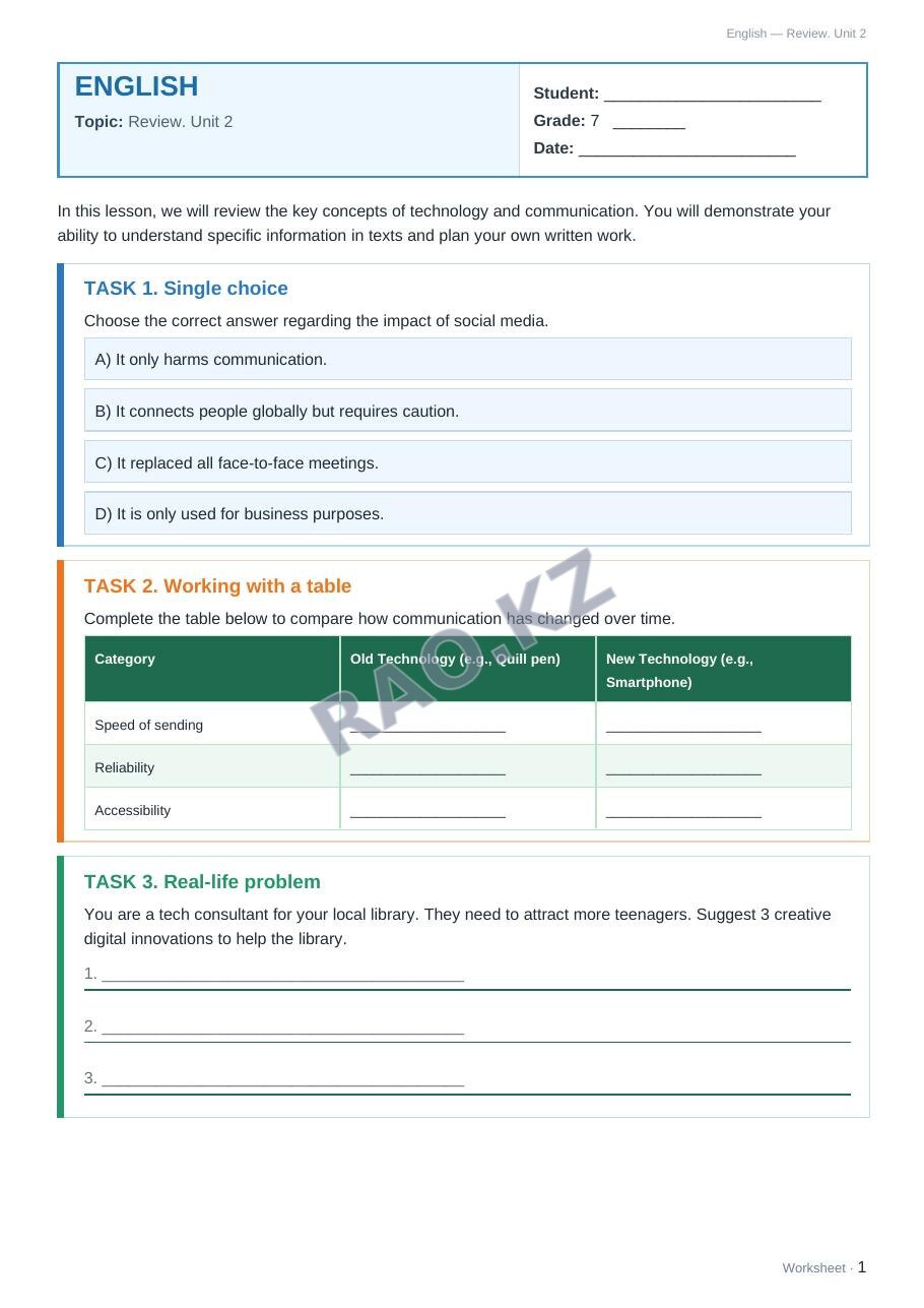 Worksheet English Grade 7 Term 1: Review. Unit 2